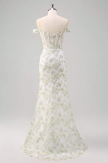 Lysegrøn havfrue Off the Shoulder korset Lang gallakjole med broderi